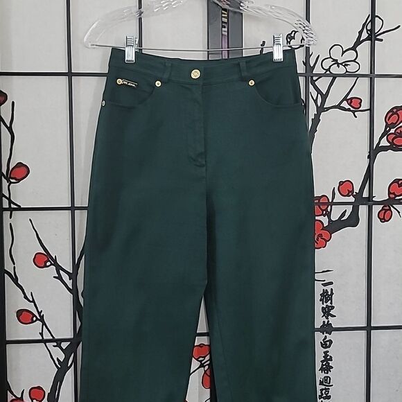St John Sport Green Velvet Twill Jean Pants Gold Logo Womens Size 2 - Picture 3 of 10